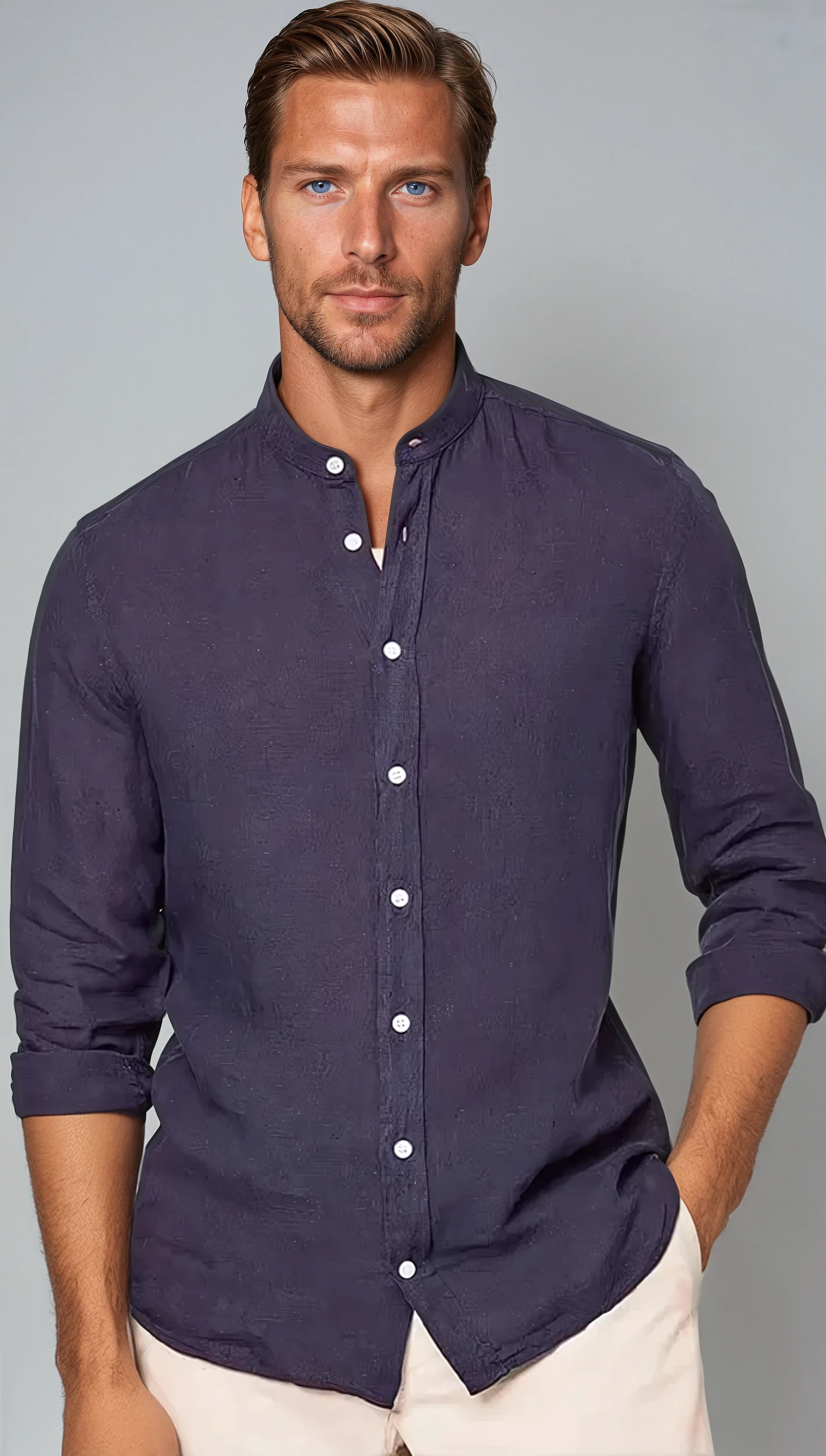 Chemise à col bénitier en lin, bleu marine